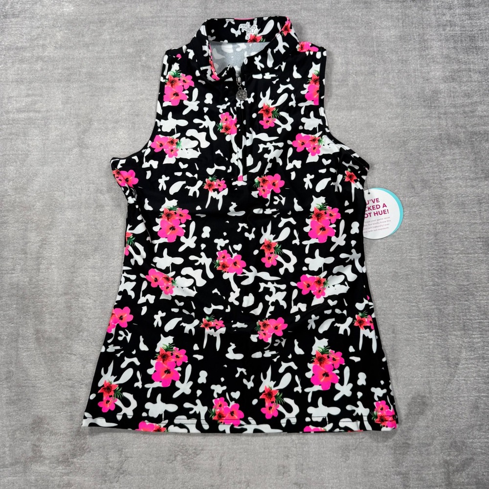 Tzu Tzu Bella Top Womens Small Black Pink Kabuki Floral Sleeveless Golf UPF 50+